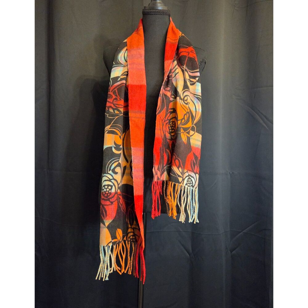 Vintage Art Nouveau Floral Plaid Cashmere Blend Scarf Fringe Orange Red